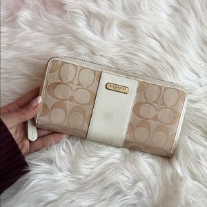 Coach Beige and Cream Signature Zip Wallet